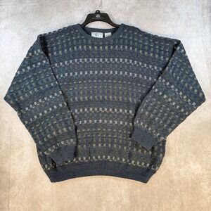 VNT 90s Farah Sweater Men XL Blue Textured Knit Geo Grandpa Pullover Crewneck